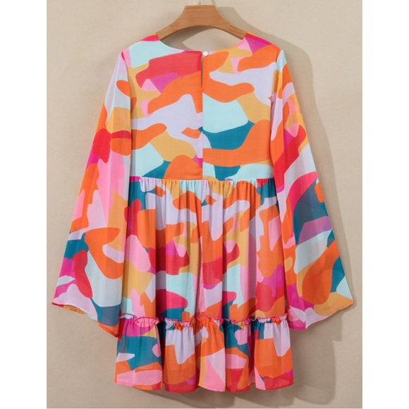 Colorful Abstract Belle Sleeve Short Dress - Picture 5 of 6